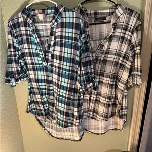 Quarter Sleeve Plaid Shirts, Blue and Navy (L) and Black and Olive Green (R)